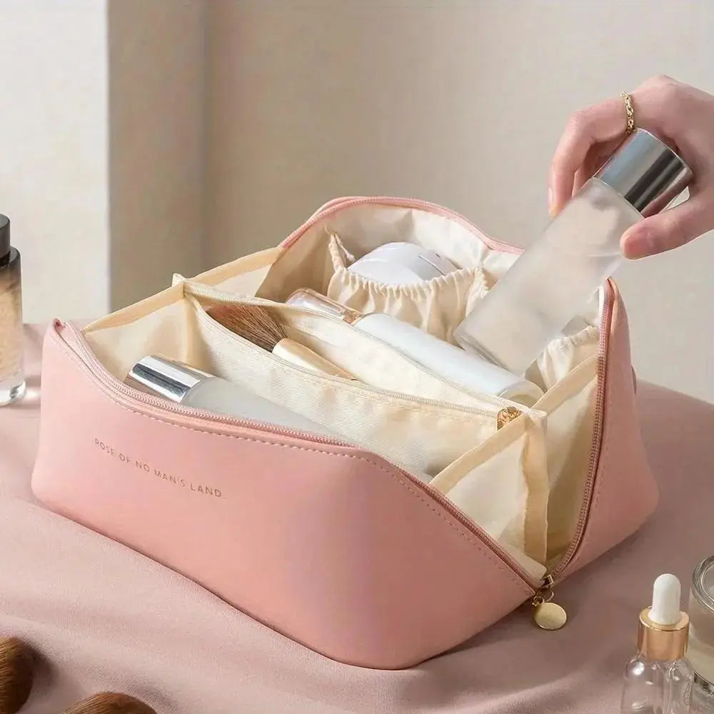 Portable makeup pouch organizer for storing cosmetics, makeup brushes, lipstick, and beauty essentials