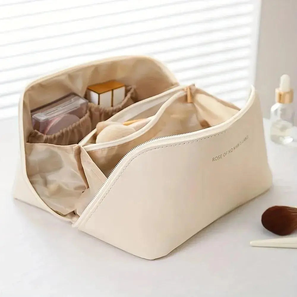 Portable makeup pouch organizer for storing cosmetics, makeup brushes, lipstick, and beauty essentials