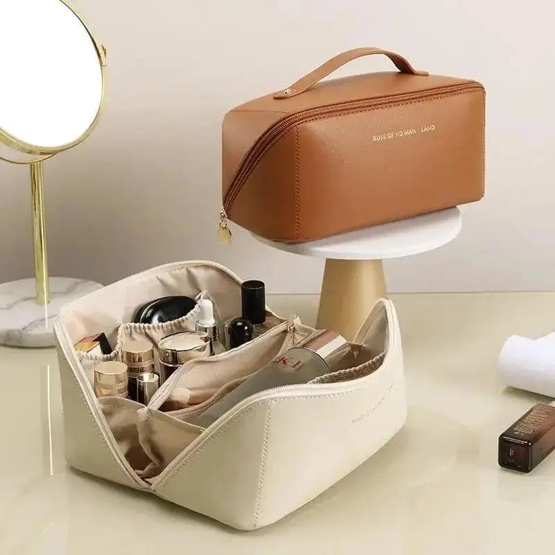 Portable makeup pouch organizer for storing cosmetics, makeup brushes, lipstick, and beauty essentials
