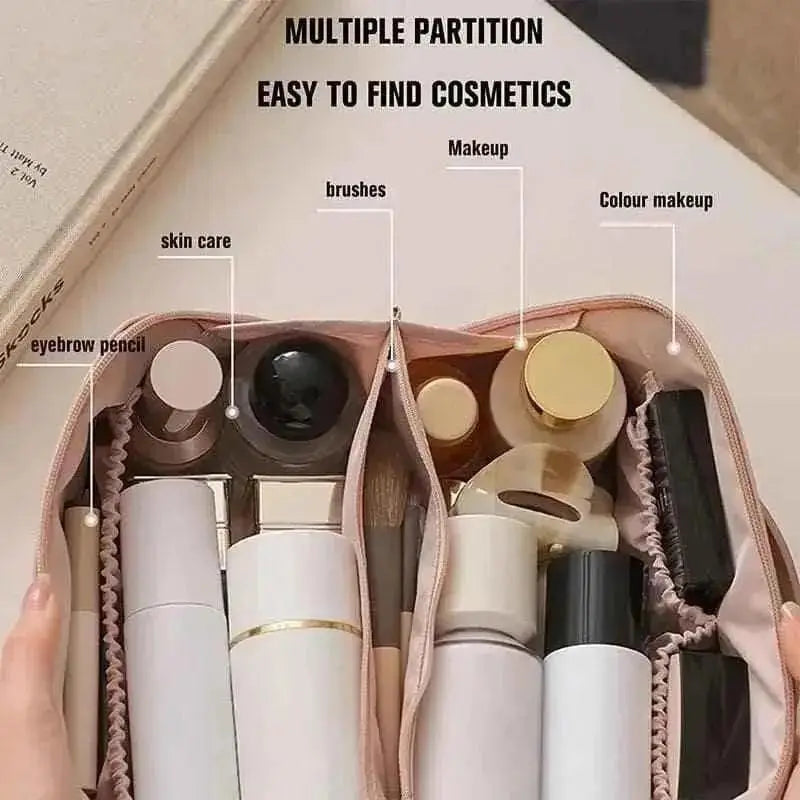 Portable makeup pouch organizer for storing cosmetics, makeup brushes, lipstick, and beauty essentials