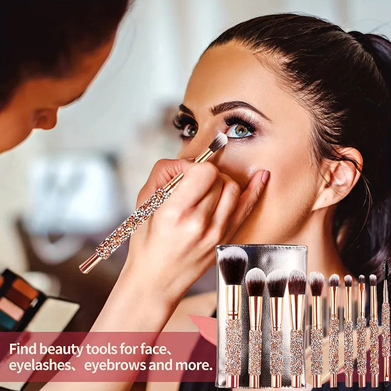 10Pcs Luxury Makeup Brush Set – Diamond Rivet Handle